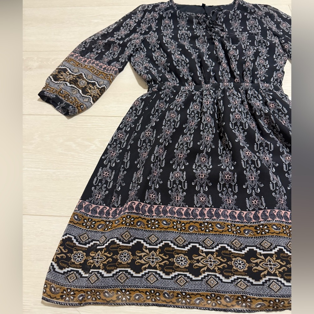 Madewell Boho Black Brown Long Sleeve Dress - Picture 3 of 12
